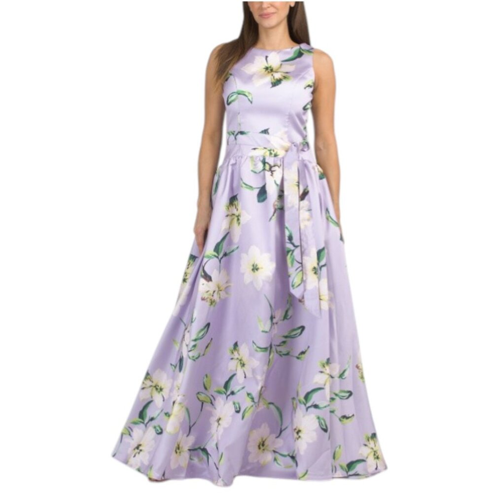 RENE BY RENE RUIZ Sleeveless Drop Waist Mikado Gown With Waist Tie Belt